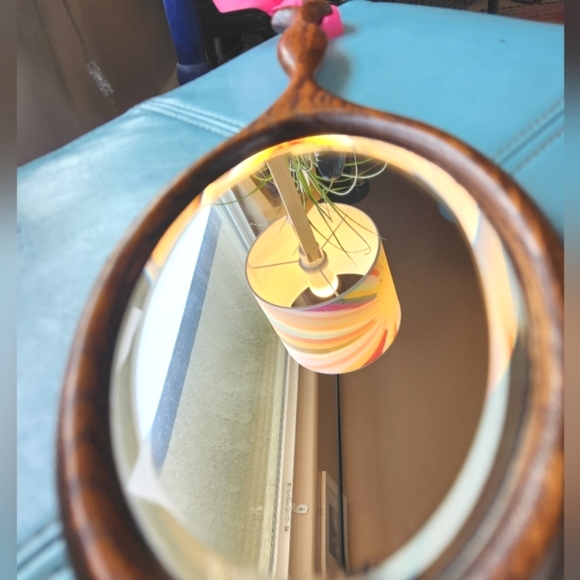 Prairie BEVELED Rich Brown Tiger Wood Oval Handle OOAK Carved Flower Hand Mirror - Picture 9 of 16